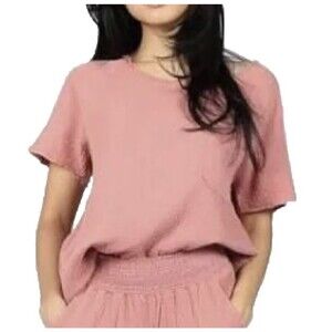 Rewash Junior's Gauze Crepe Top Short Sleeve Relax Fit 100% Cotton Size S Pink